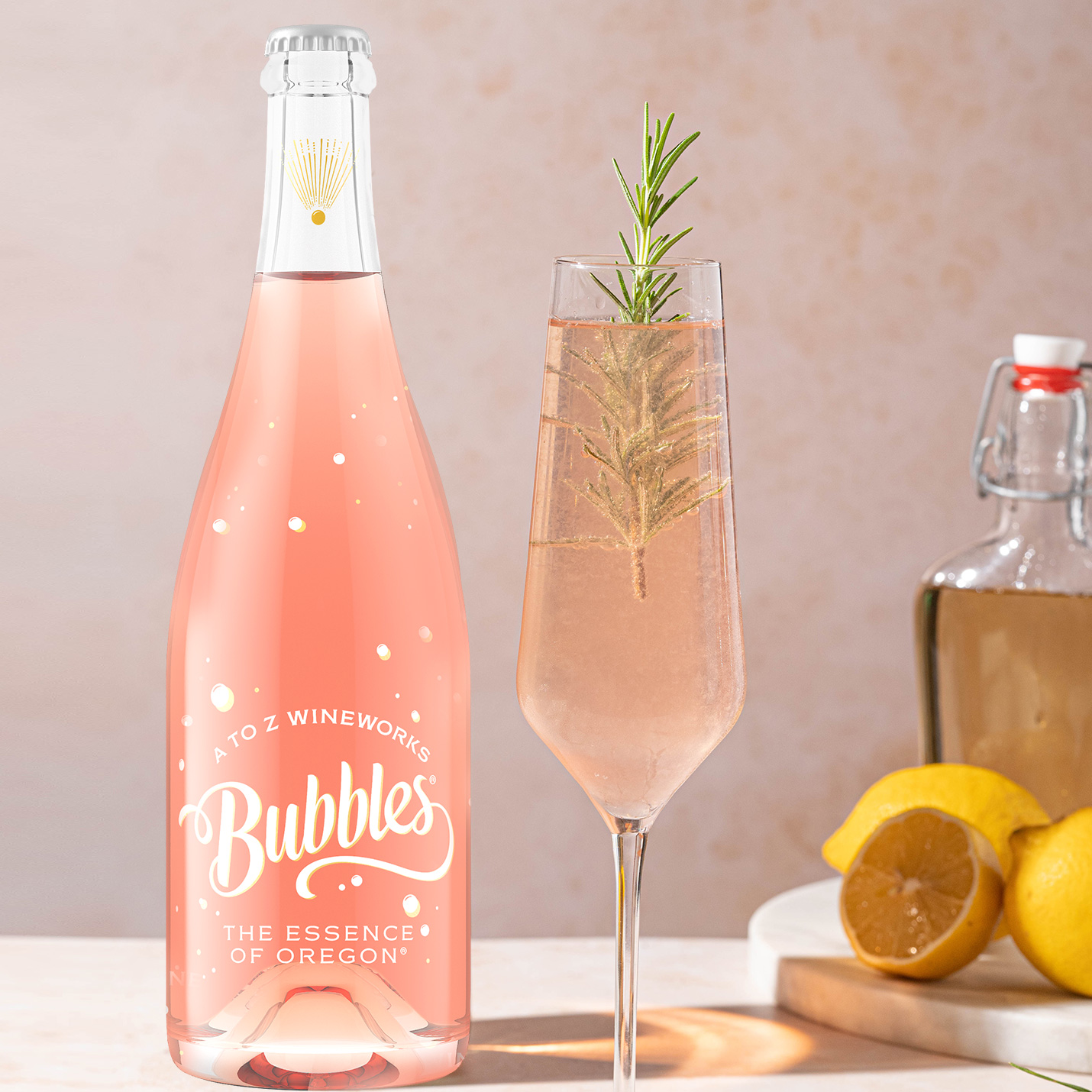 Rosemary French 75 with A to Z Bubbles Oregon Wines of Exceptional